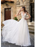 V Neck Beaded Ivory Lace Chiffon Airy Wedding Dress